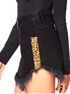 Carmar Edgy Black Denim Mini Skirt with Leopard Tab